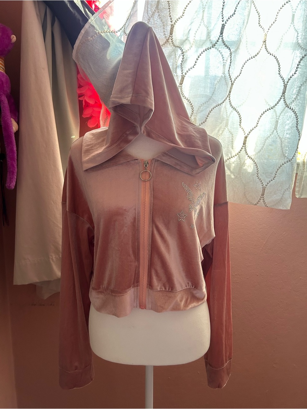 ROMWE Blush Velvet Hooded Zip Bomber Jacket